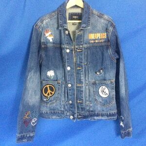 Forever 21 Men Medium Denim Jacket Jean Embroidered Patches Peace Bee Butterfly